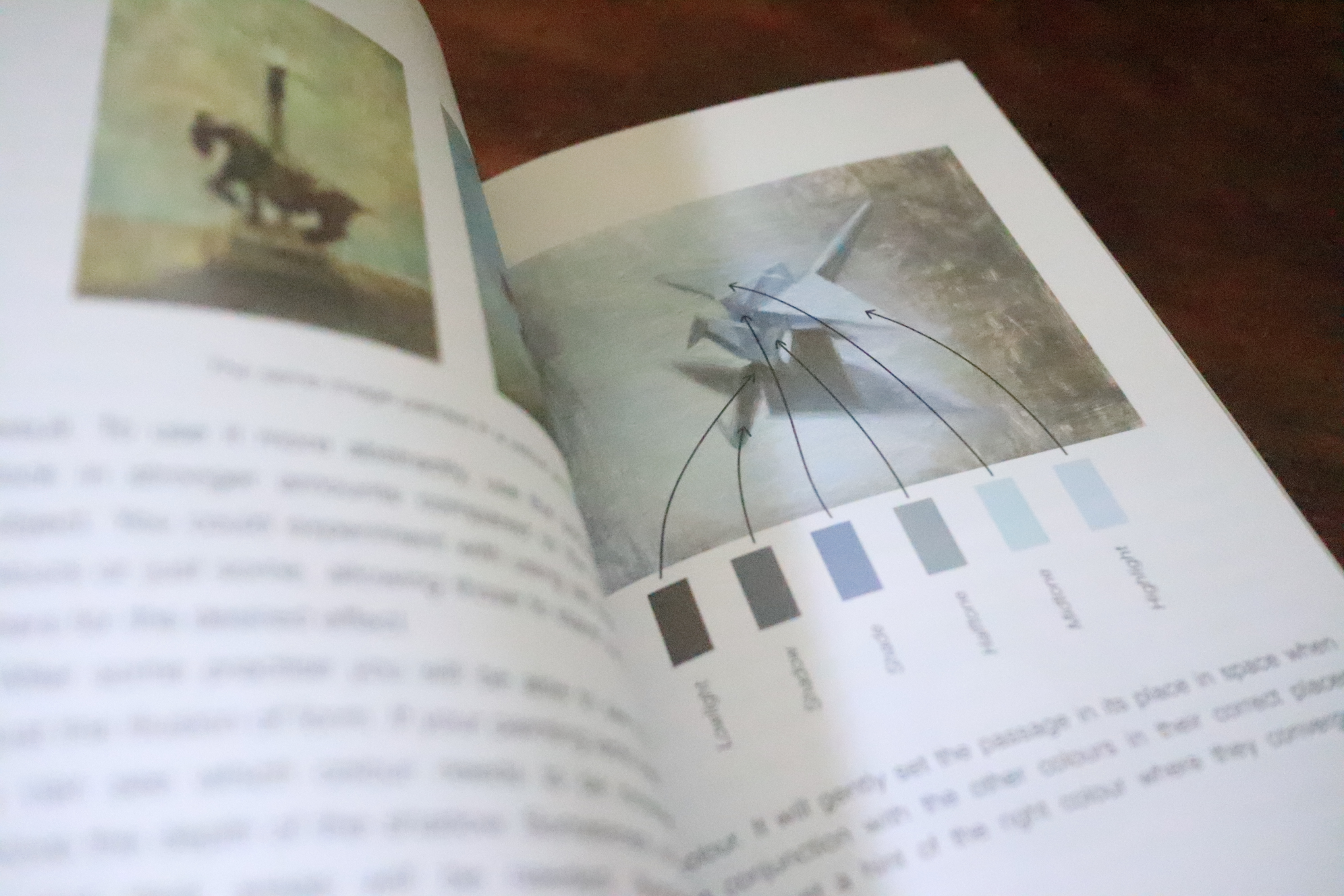 An image of a paper crane in Vision of Art, showing how colour informs depth